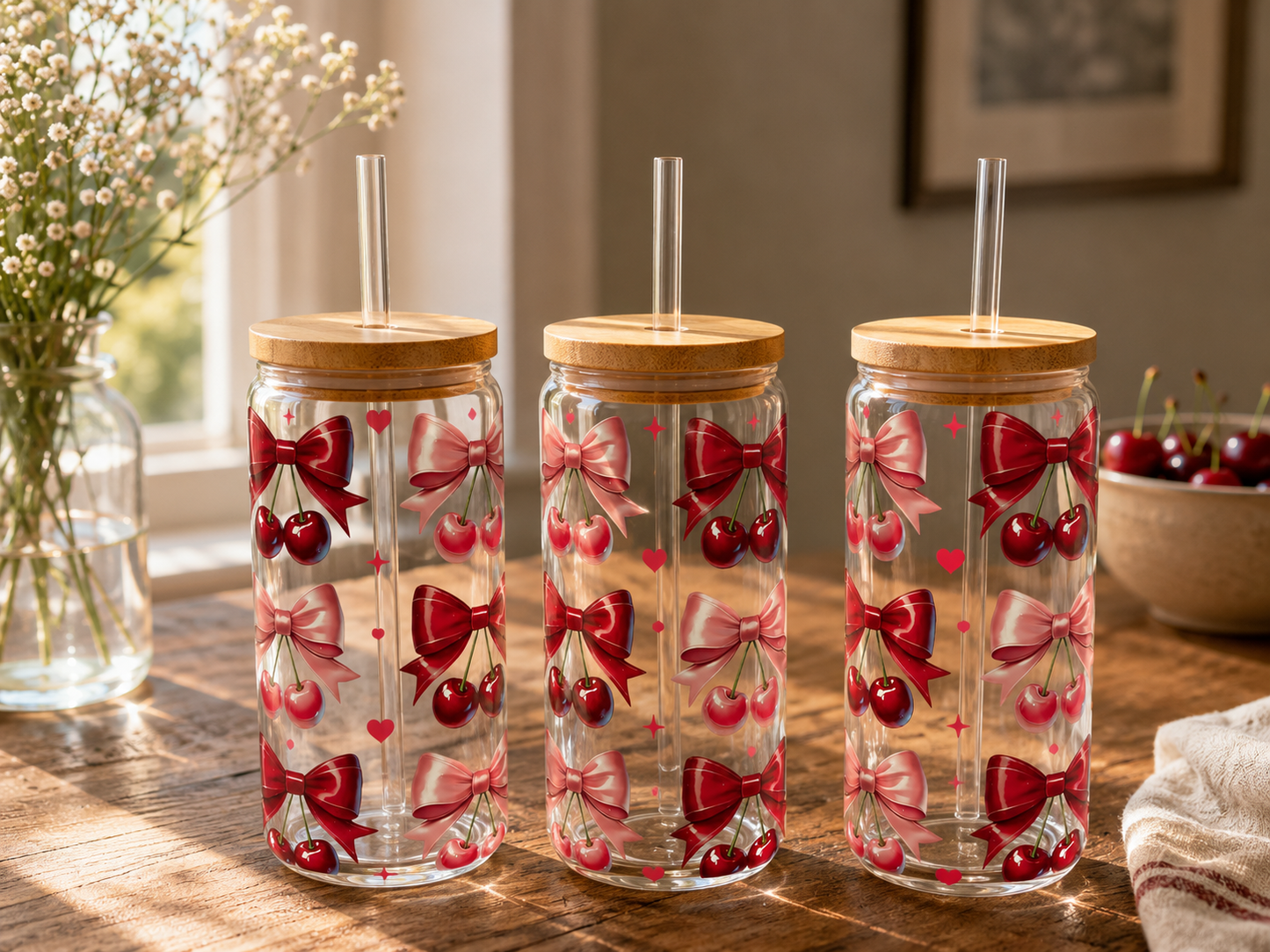 Cherry & Pink Bow Glass Can with Bamboo Lid & Glass Straw