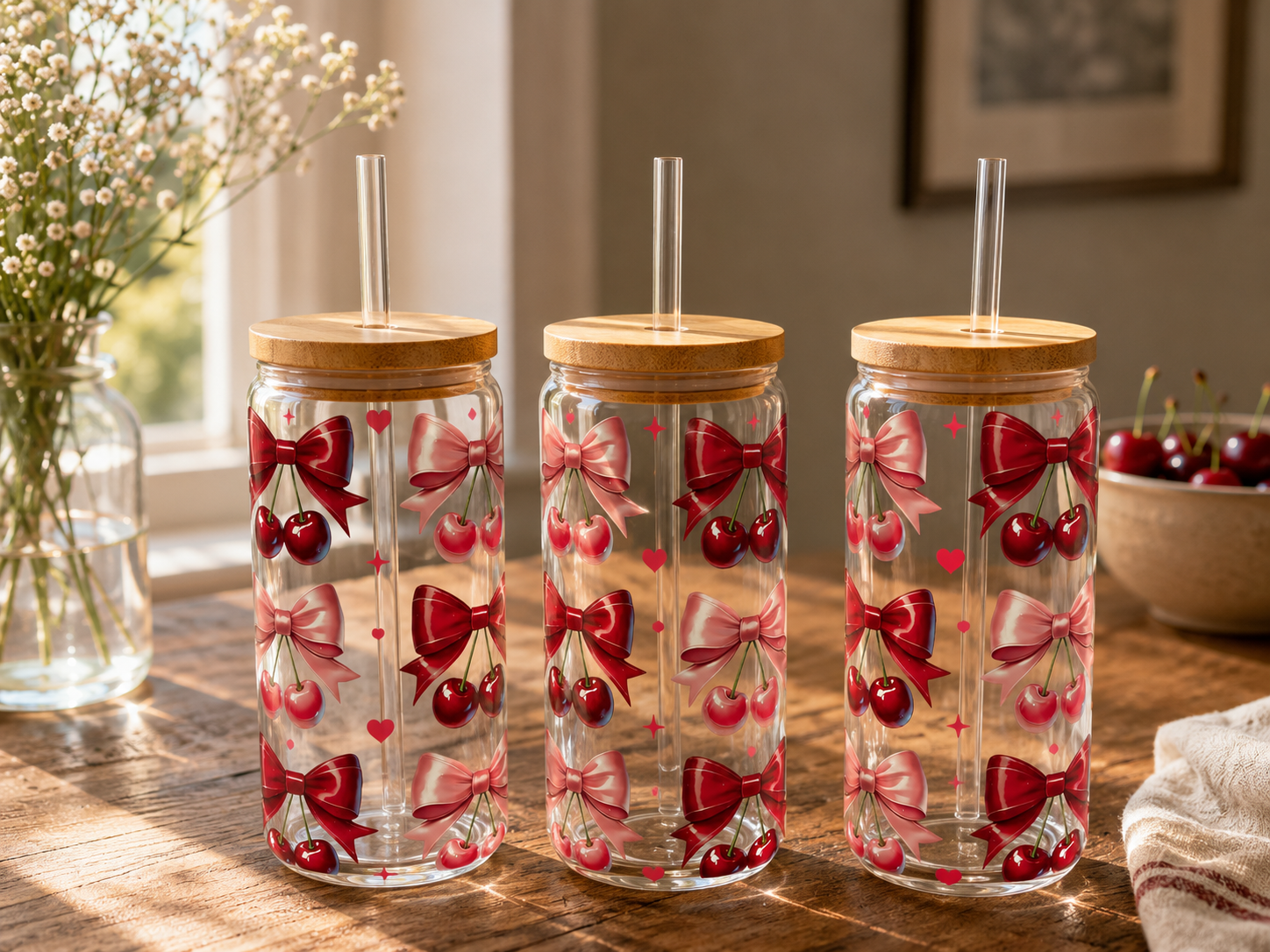 Cherry & Pink Bow 16oz glass can with bamboo lid and straw