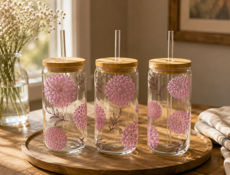 Pink Dahlia Floral Glass Can with Bamboo Lid & Glass Straw