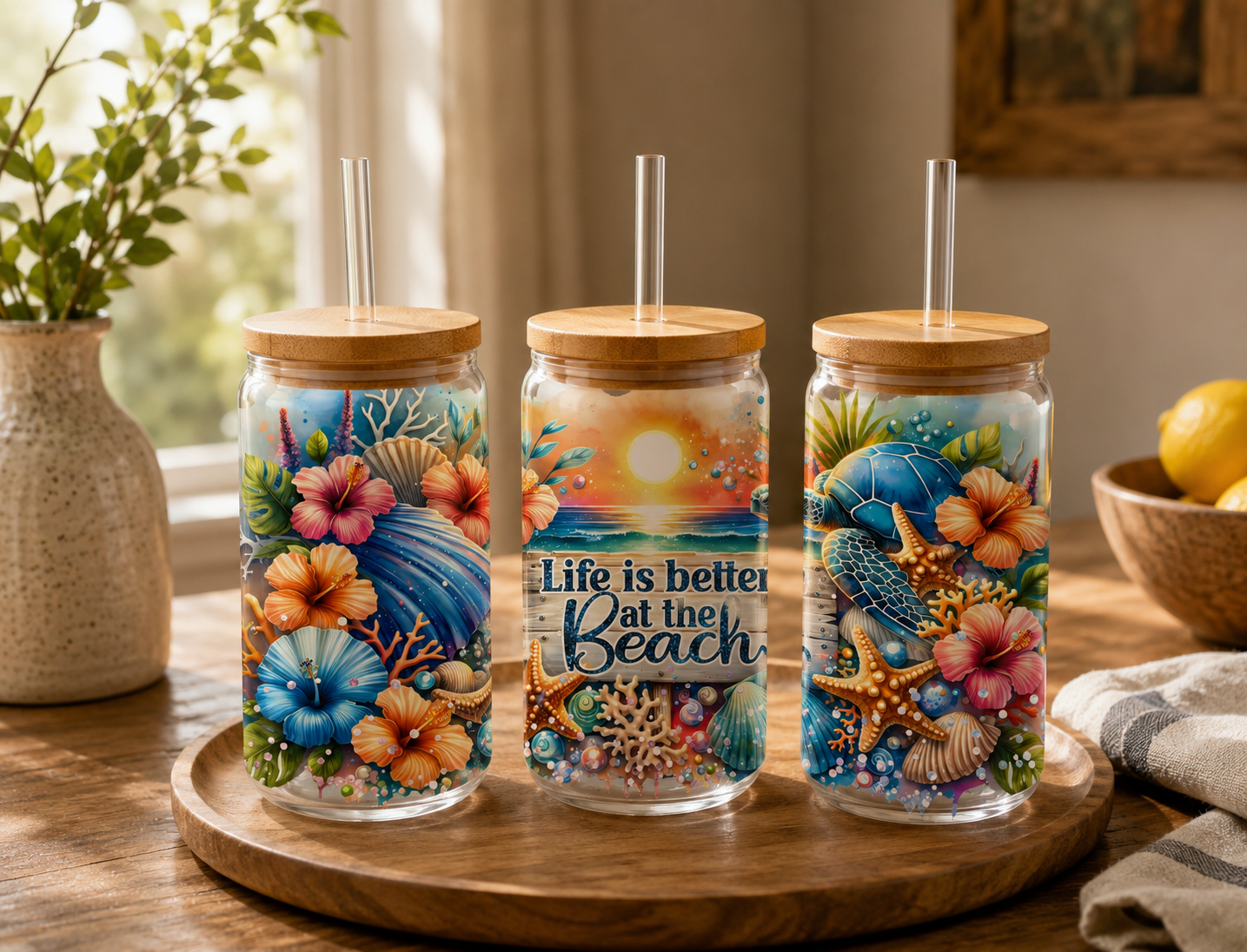 Life Is Better at the Beach 16oz glass can with sea turtle design