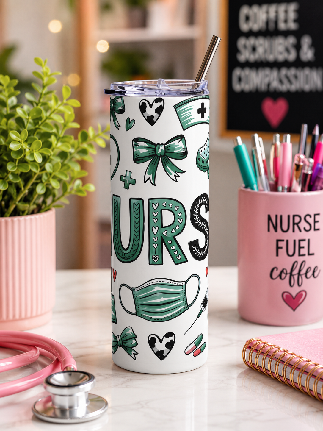 Nurse Life 20oz skinny tumbler with medical design