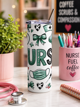 Nurse Life 20oz skinny tumbler with medical design