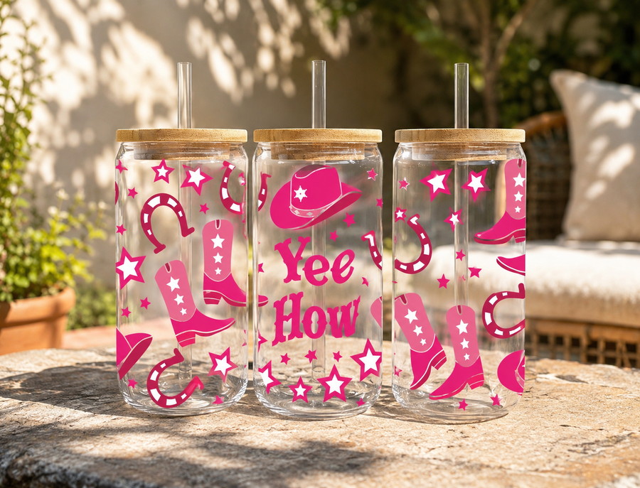 Yee Haw Pink Cowgirl 16oz Glass Can – Western Drinkware