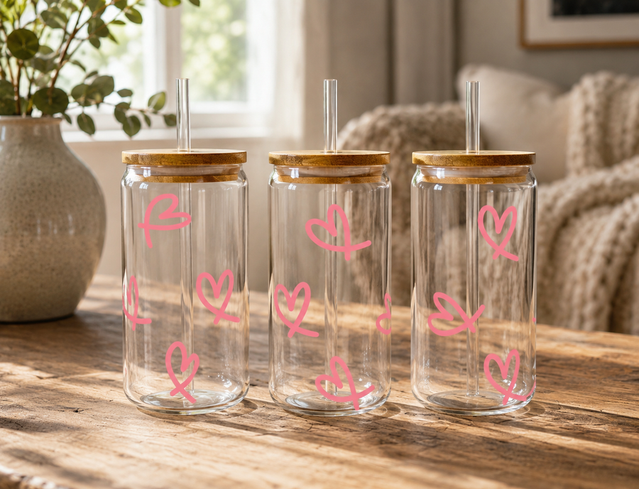Pink Hearts Glass Can with Bamboo Lid & Glass Straw