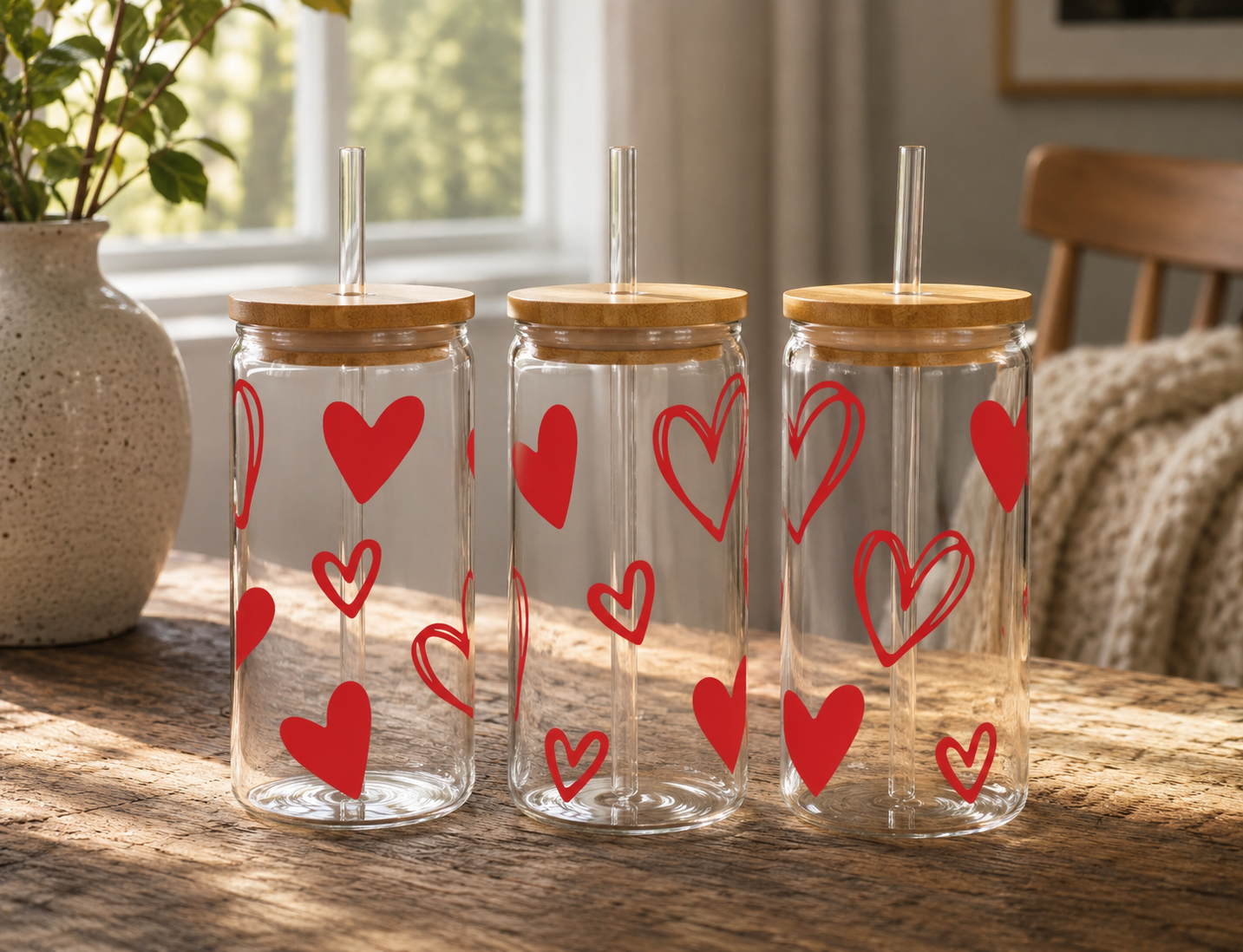 Red Hearts 16oz glass can with bamboo lid and glass straw