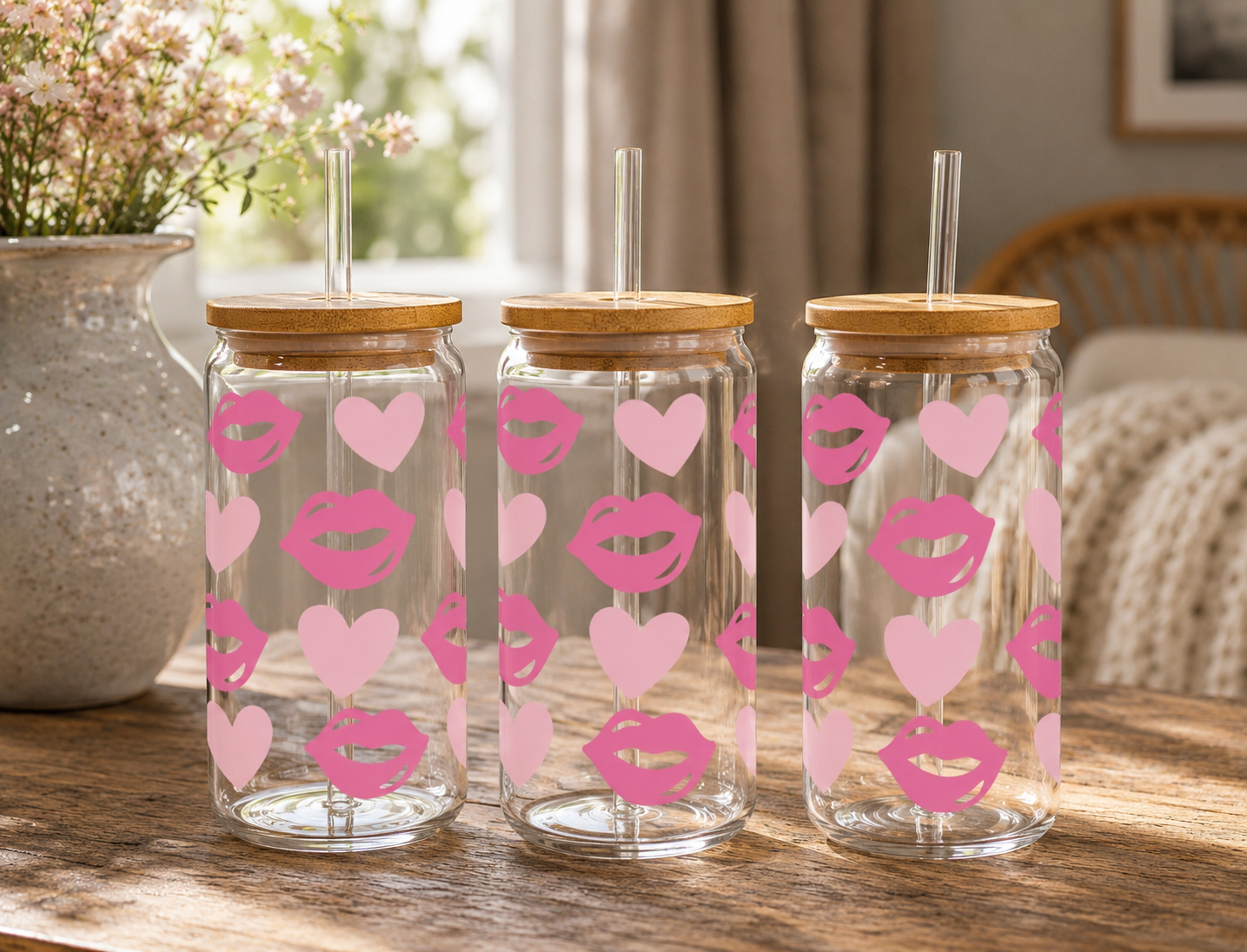 Pink Hearts & Lips 16oz glass can with bamboo lid and straw