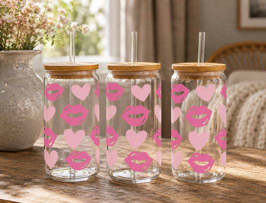 Pink Hearts & Lips Glass Can with Bamboo Lid & Glass Straw