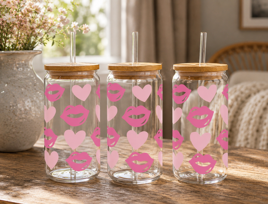 Pink Hearts & Lips Glass Can with Bamboo Lid & Glass Straw