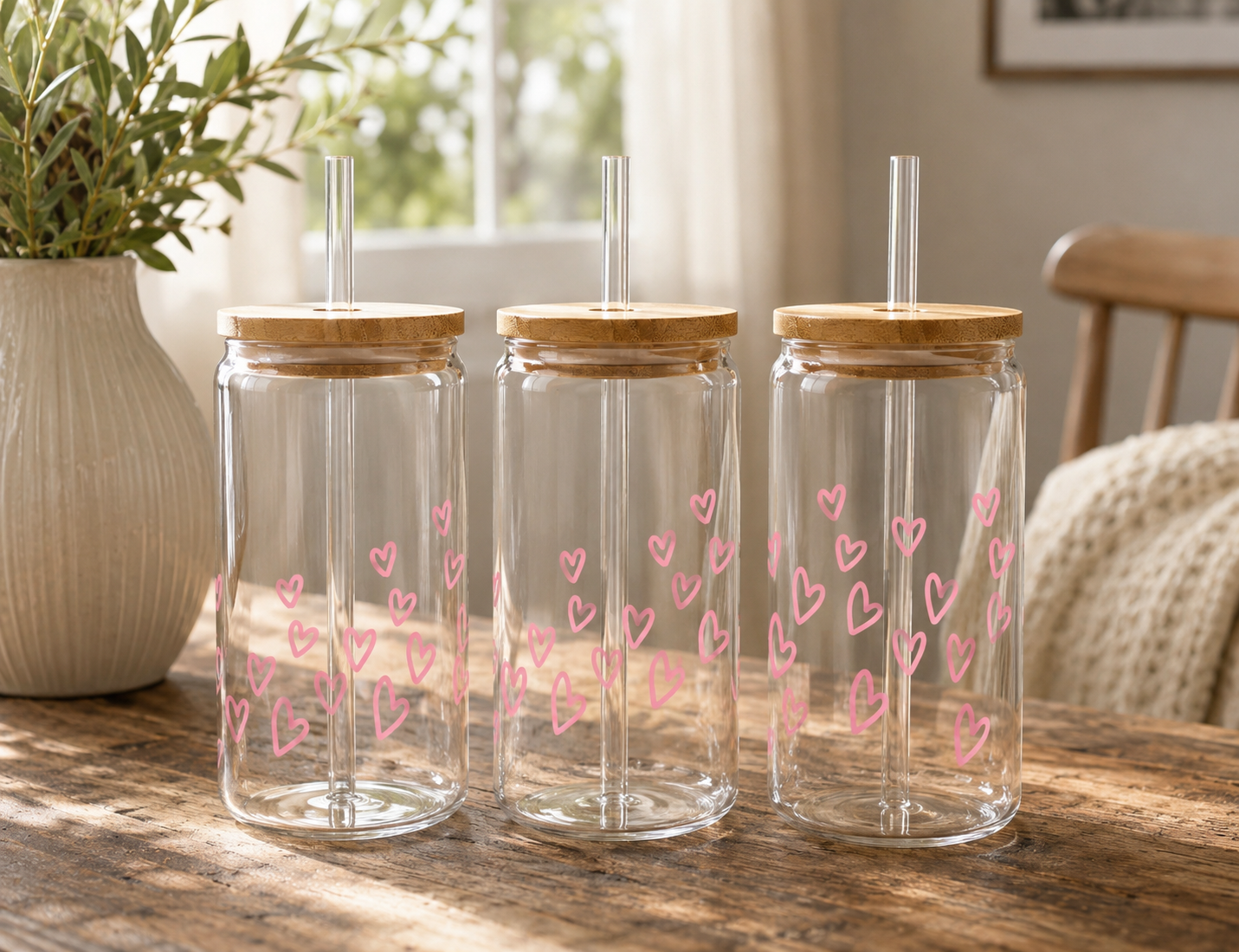 Pink Heart 16oz glass can with bamboo lid and glass straw