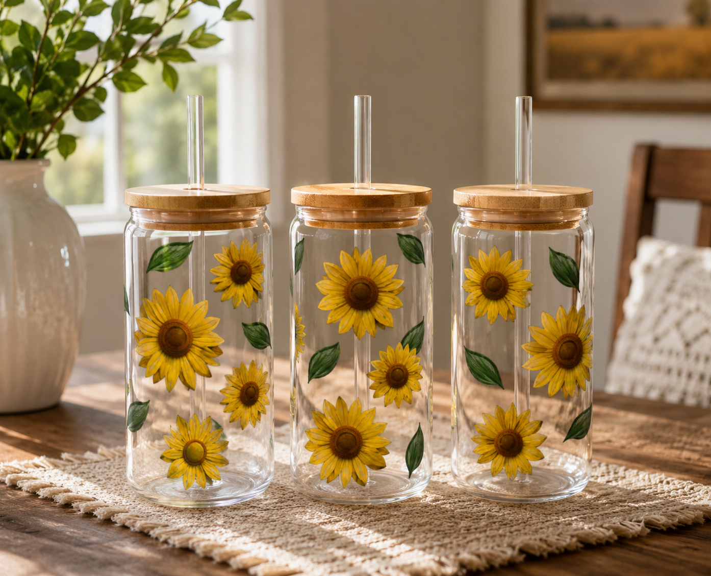 Sunflower 16oz glass can with bamboo lid and glass straw