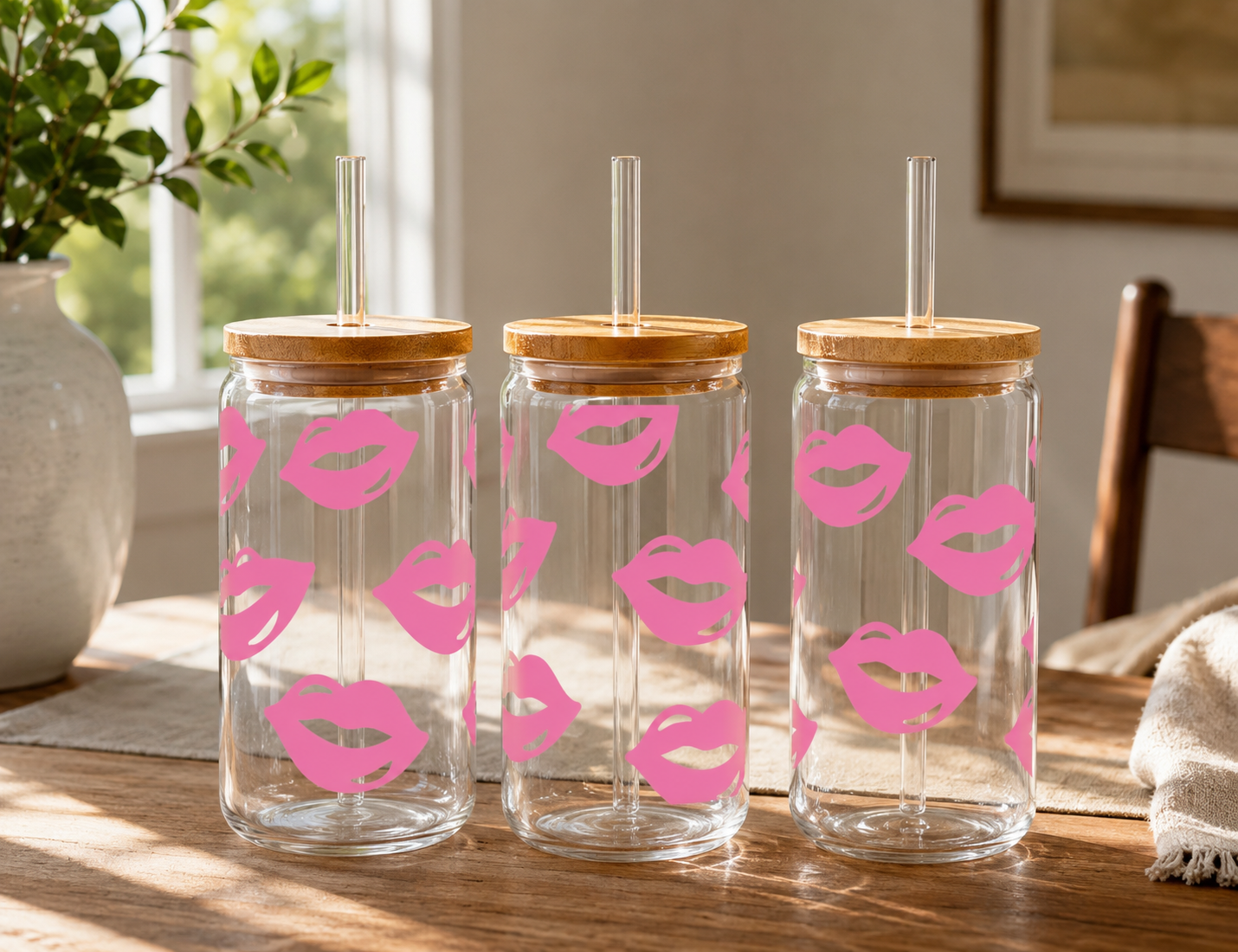 Pink Lips 16oz glass can with bamboo lid and glass straw