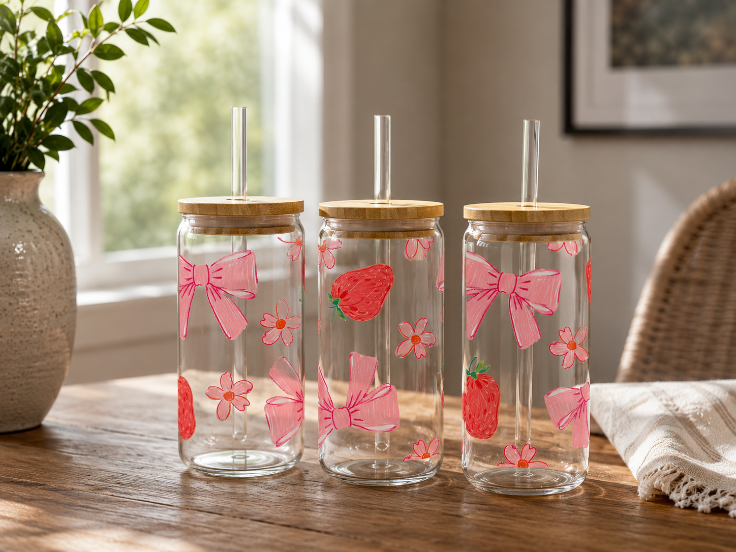 Coquette Strawberry & Pink Bow 16oz glass can
