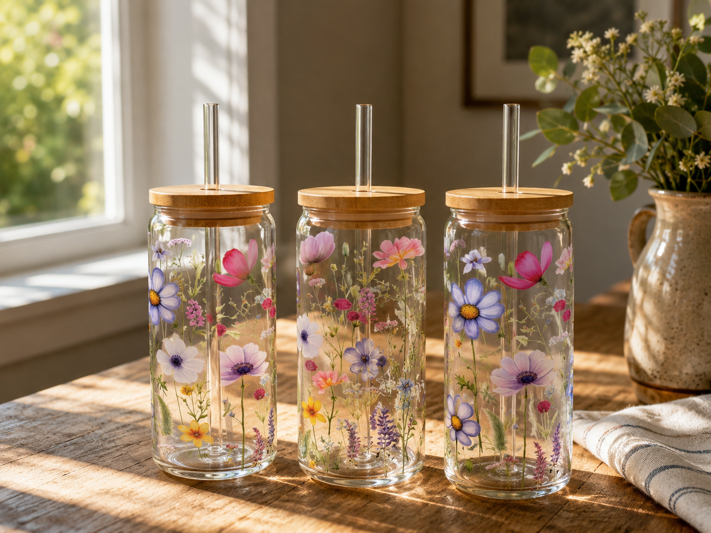 Wildflower Meadow 16oz glass can with botanical floral design