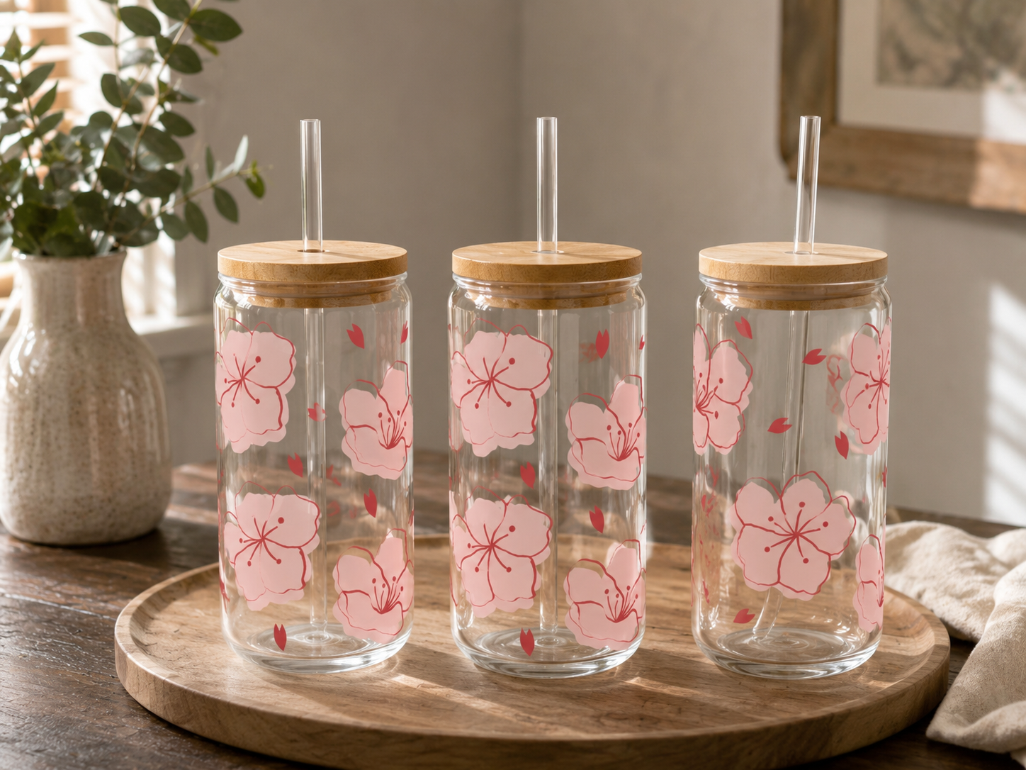 Cherry Blossom 16oz glass can with pink sakura design
