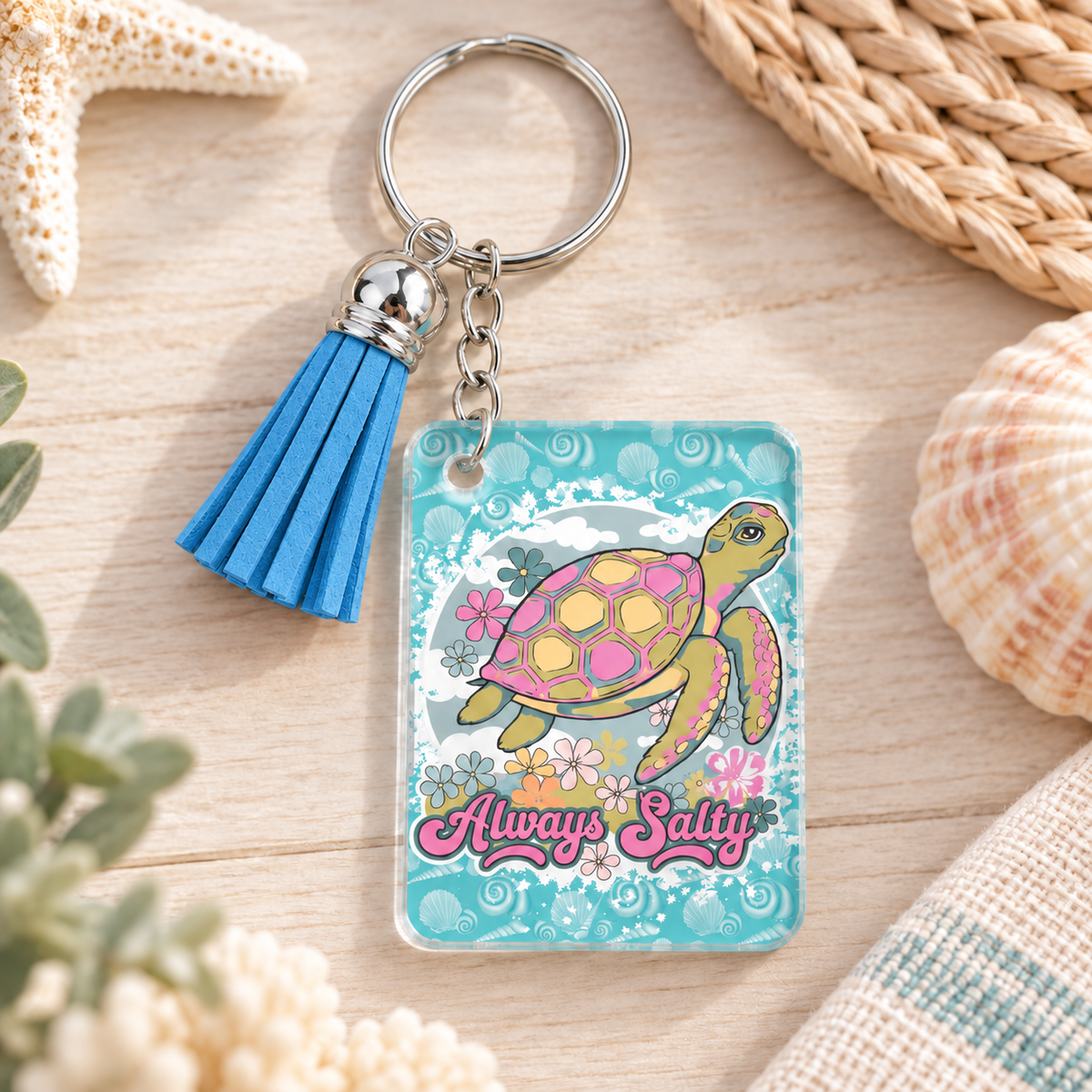 Always Salty keychain with blue tassel