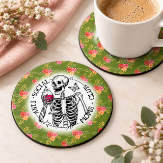 Anti Social Moms Club round coaster set of two with thin black rubber backing