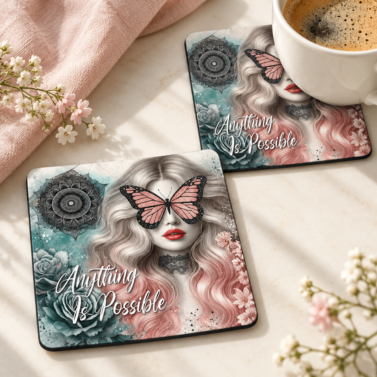 Anything Is Possible Square coaster set of two with thin black rubber backing