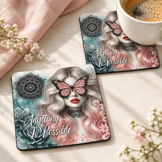 Anything Is Possible Square coaster set of two with thin black rubber backing