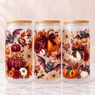 Autumn Bats & Pumpkins Halloween Glass Can Tumbler — frosted; complementary views of one product