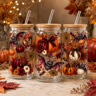 Autumn Bats & Pumpkins Halloween Glass Can Tumbler – alternate lifestyle view