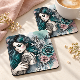 Be Mindful Grateful Positive True and Kind Square coaster set of two with thin black rubber backing