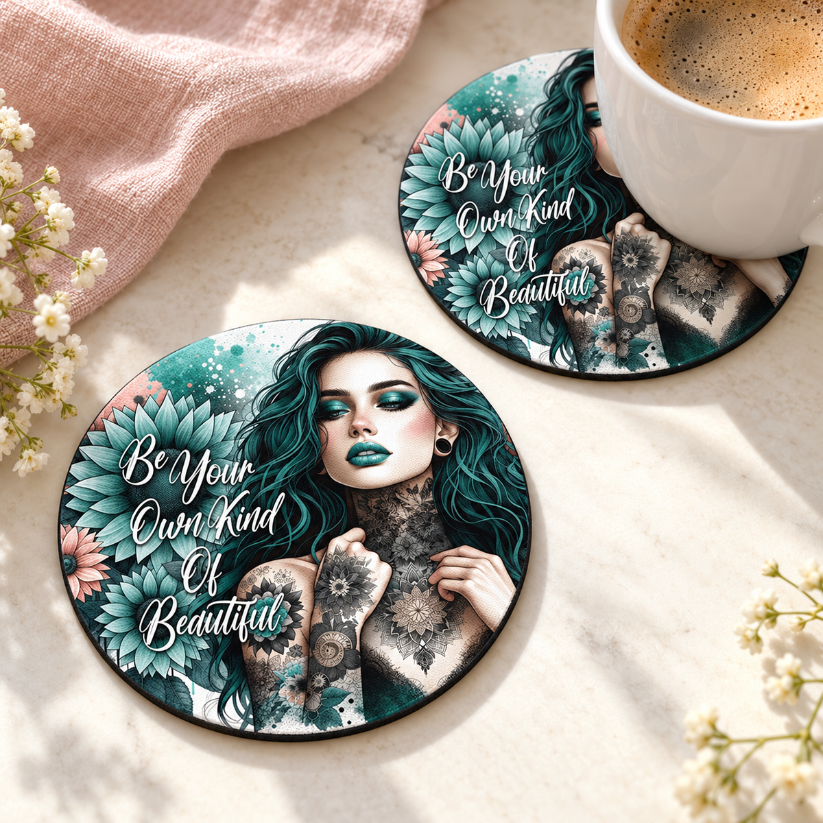 Be Your Own Kind Of Beautiful Round coaster set of two with thin black rubber backing