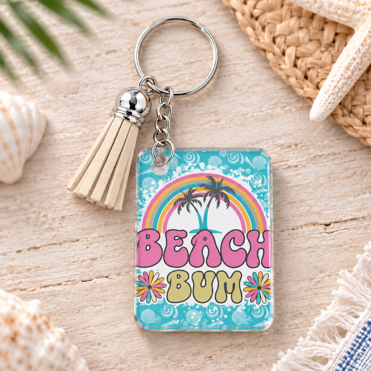 Beach Bum keychain with beige tassel