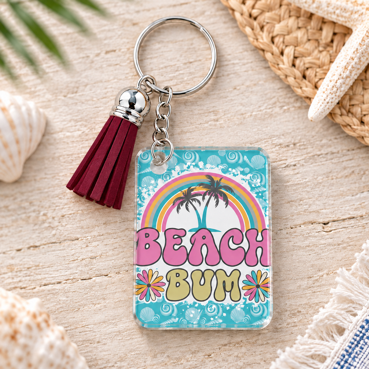 Beach Bum keychain with maroon tassel
