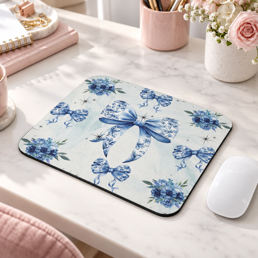 Blue Floral Bow Mouse Pad – Elegant Vintage Desk Accessory