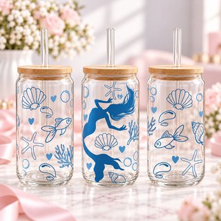 Blue Mermaid Glass Can with Bamboo Lid & Glass Straw — clear; complementary views of one product