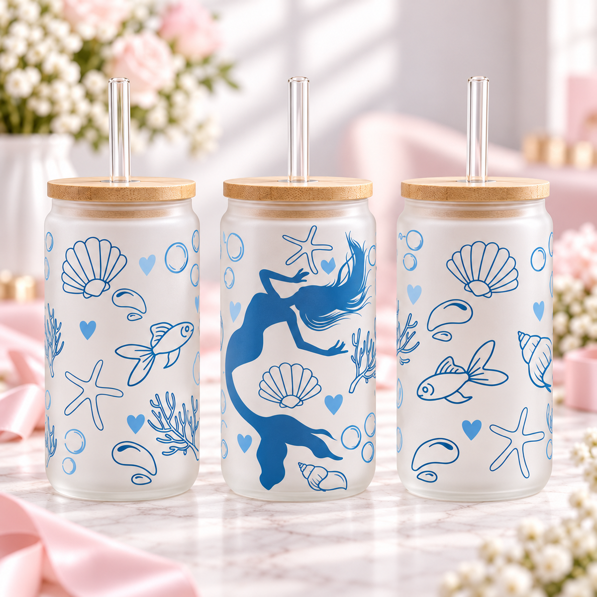 Blue Mermaid Glass Can with Bamboo Lid & Glass Straw — frosted; complementary views of one product