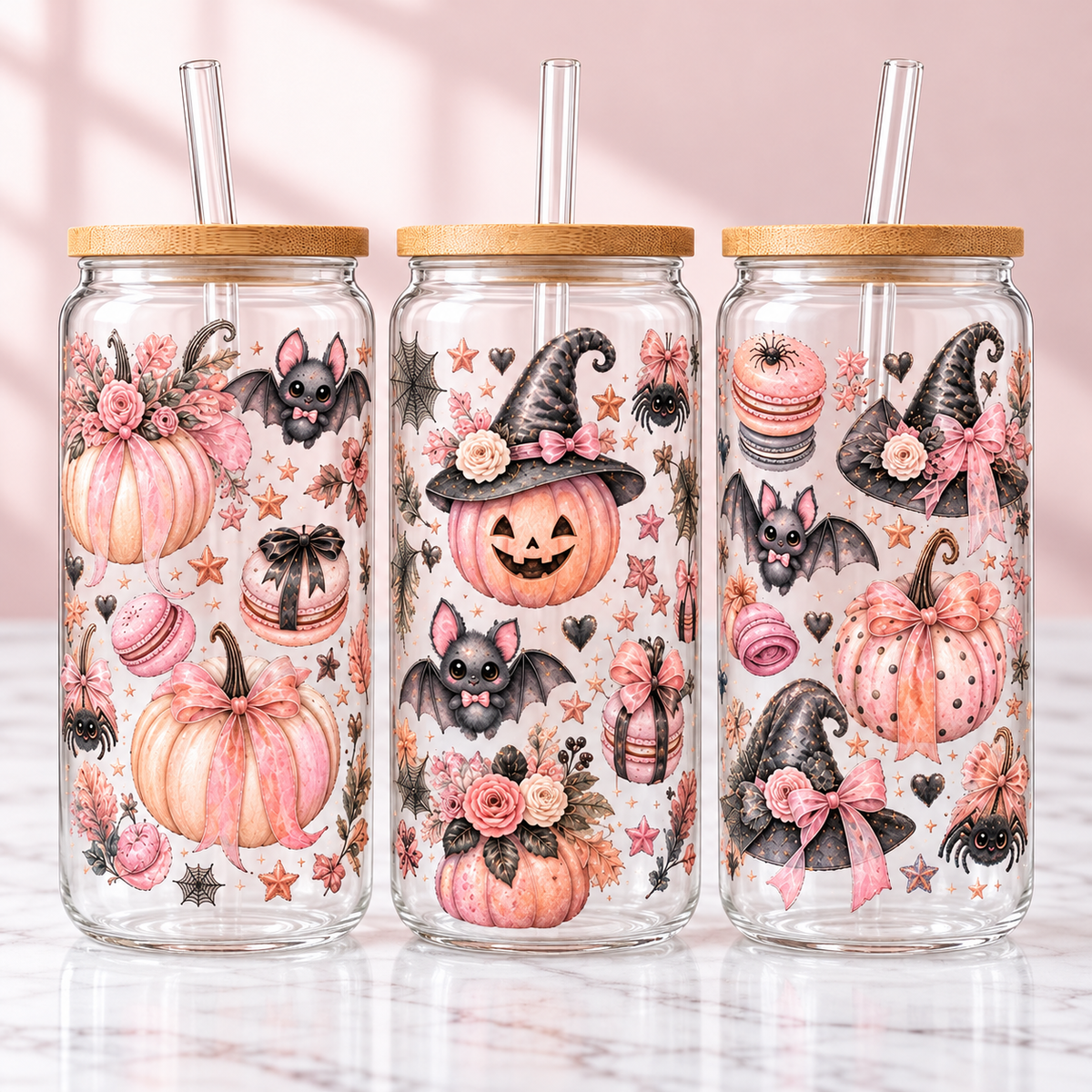 Blush Pink Pumpkin & Bat Halloween Glass Can Tumbler — clear; complementary views of one product