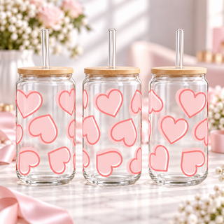Blush Pink Sweethearts clear 16oz glass can — three views; listing includes one cup