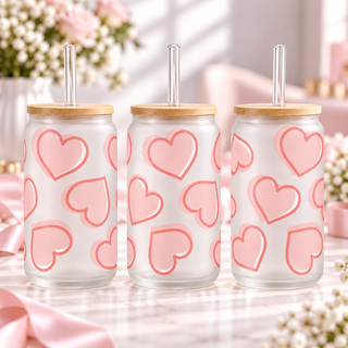 Blush Pink Sweethearts frosted 16oz glass can — three views; listing includes one cup