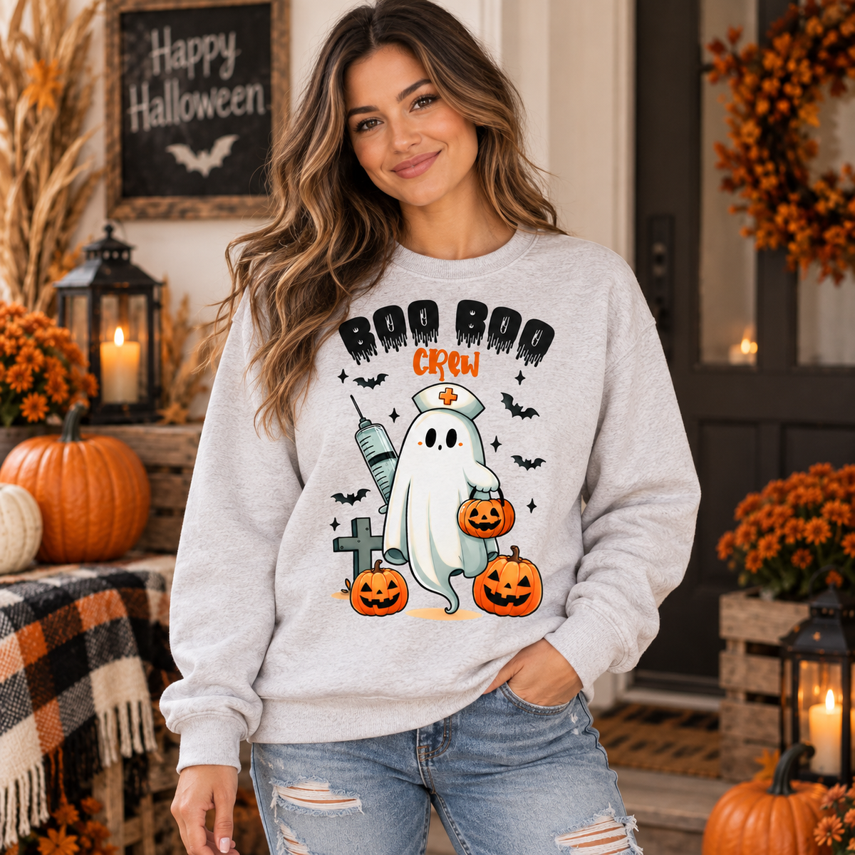 Model wearing Boo Boo Crew nurse ghost Halloween crewneck