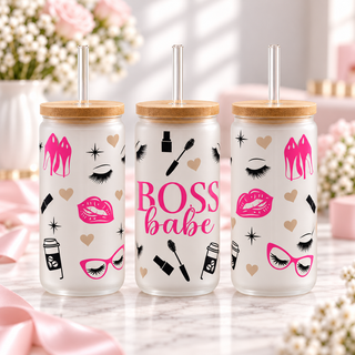 Boss Babe Glass Can with Bamboo Lid & Glass Straw — frosted; complementary views of one product