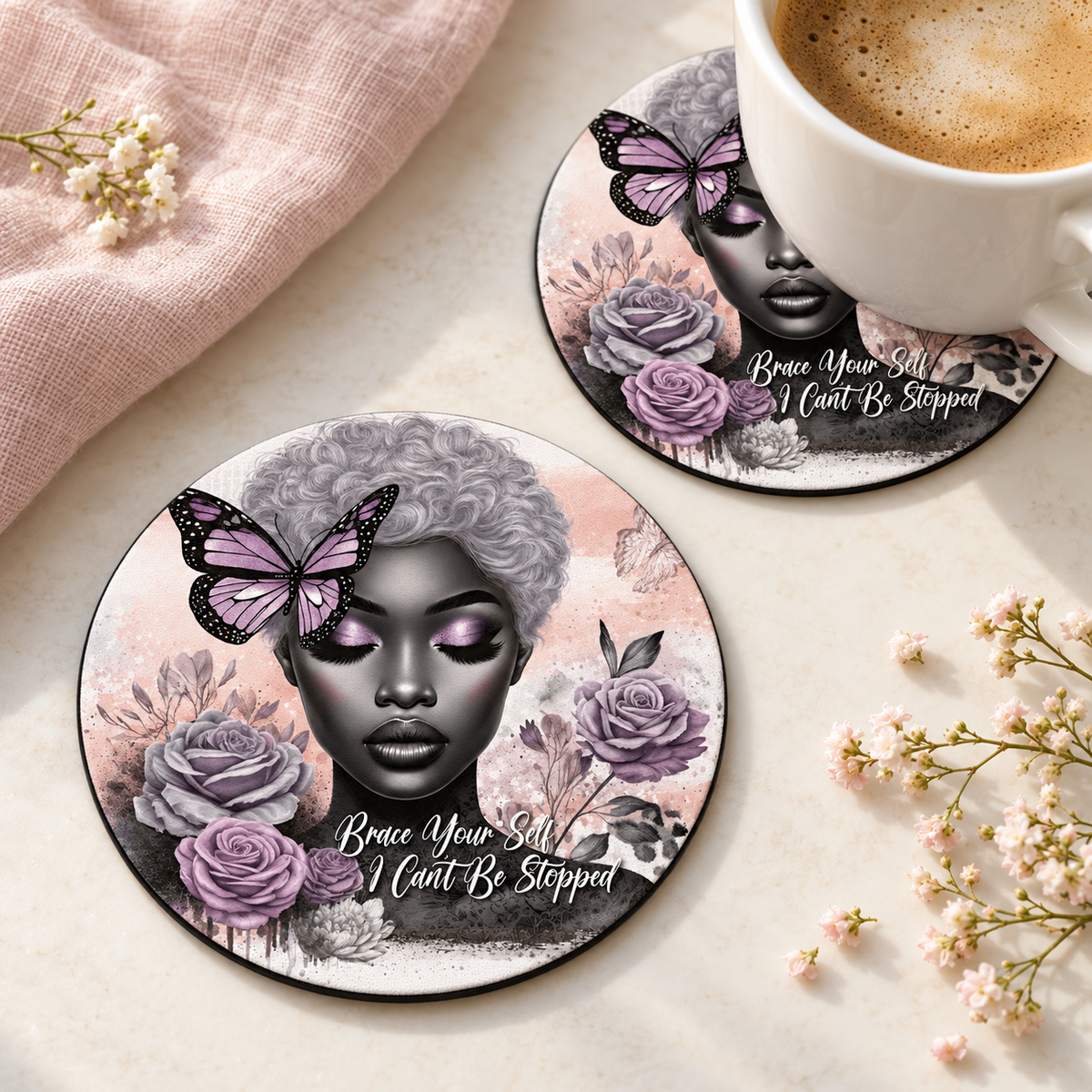 Brace Your Self I Cant Be Stopped Round coaster set of two with thin black rubber backing