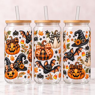 Buffalo Plaid Pumpkin Halloween Glass Can Tumbler — clear; complementary views of one product