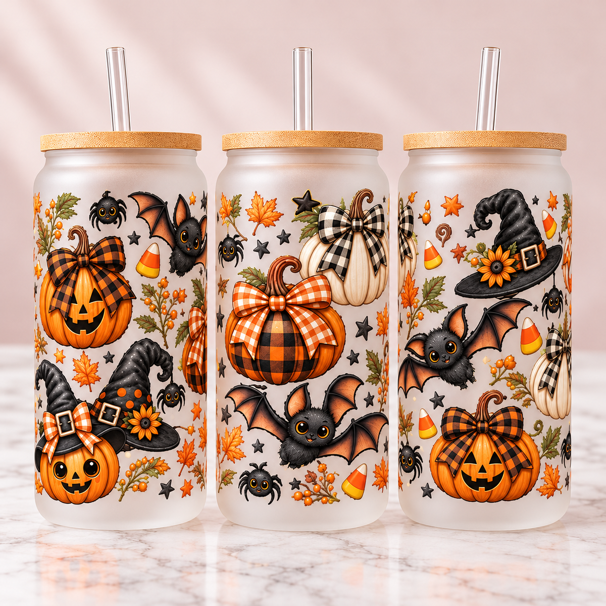 Buffalo Plaid Pumpkin Halloween Glass Can Tumbler — frosted; complementary views of one product