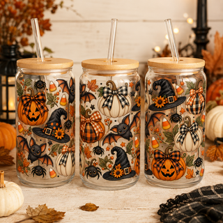 Buffalo Plaid Pumpkin Halloween Glass Can Tumbler – alternate lifestyle view