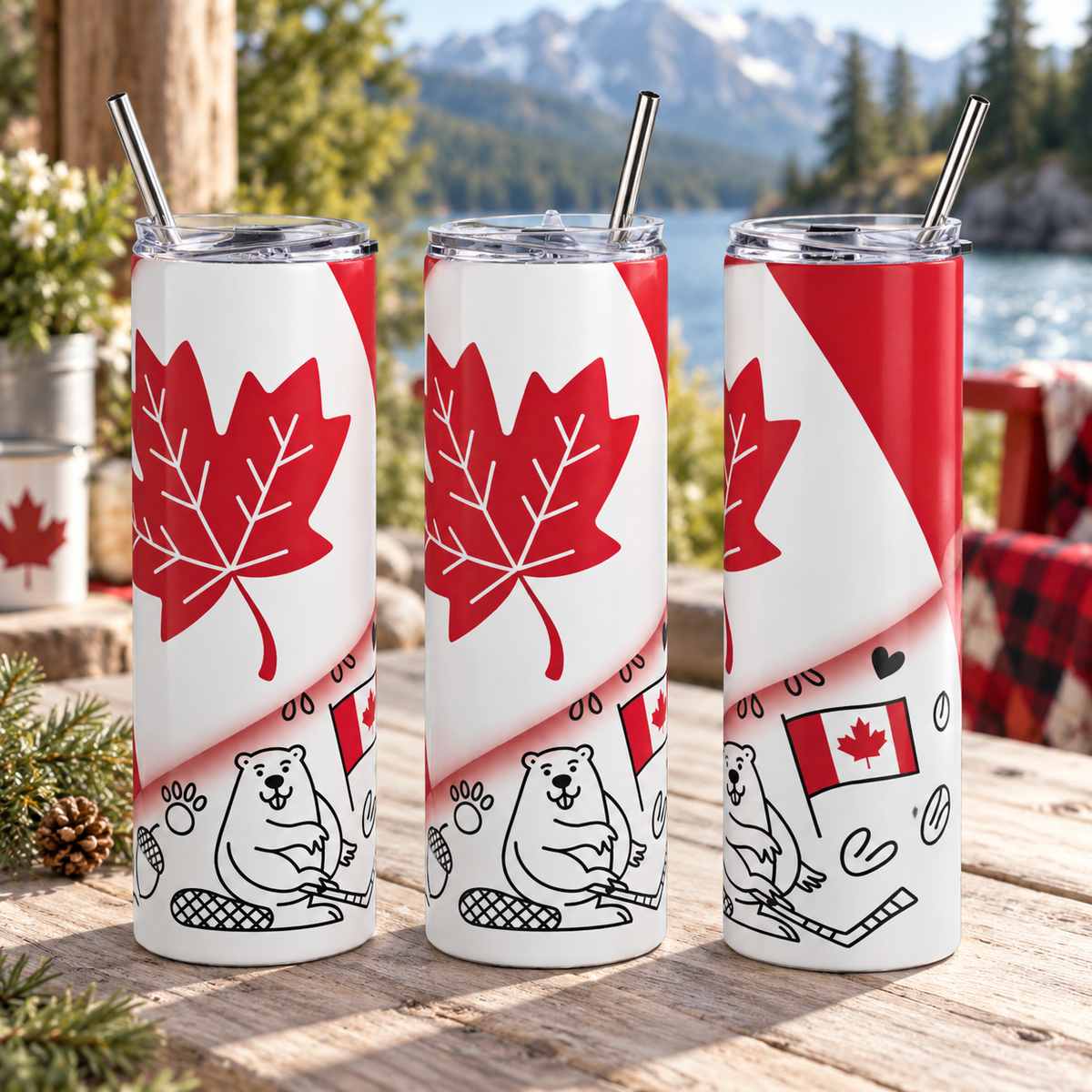 Canada Maple Leaf & Wildlife 20oz Tumbler – Canadian Gift – three-tumbler realistic lifestyle mockup