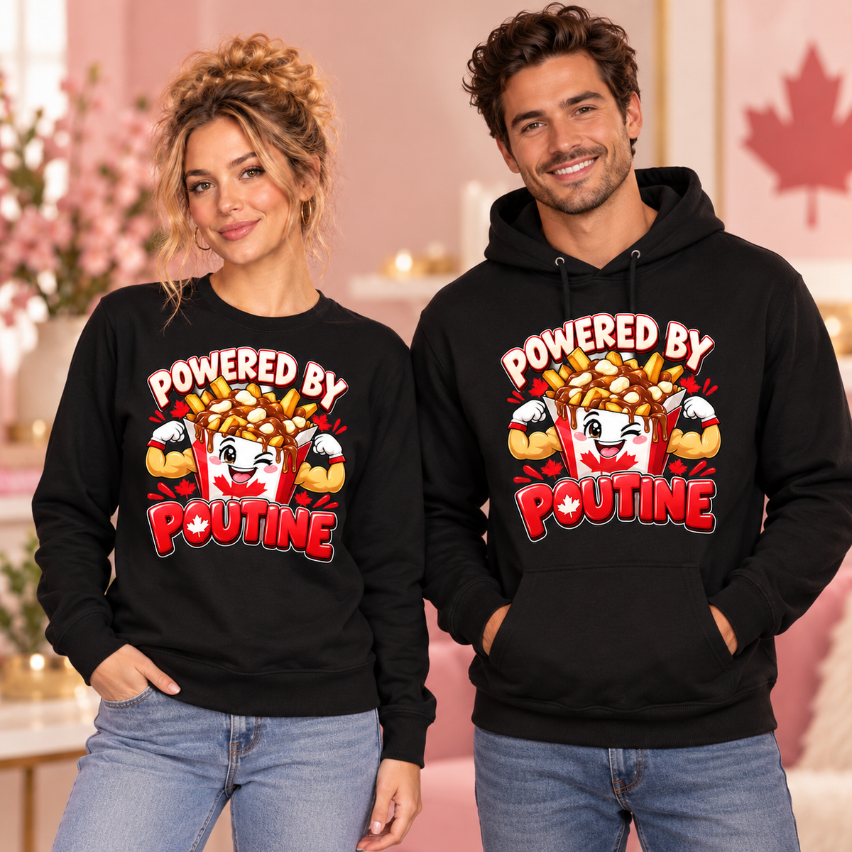 Powered by Poutine black crewneck sweatshirt and hoodie