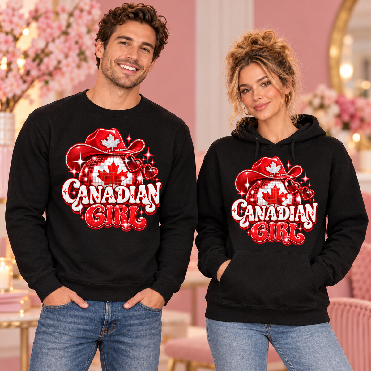 Canadian Girl black crewneck sweatshirt and hoodie