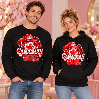 Canadian Girl black crewneck sweatshirt and hoodie