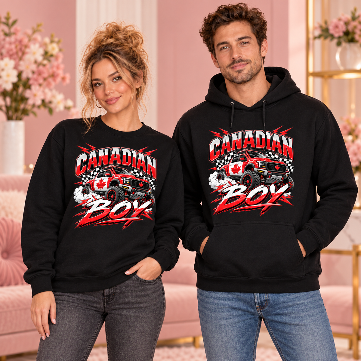 Canadian Boy black crewneck sweatshirt and hoodie