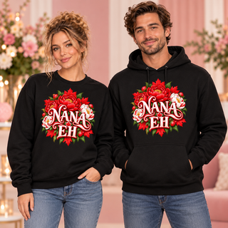 Nana Eh black crewneck sweatshirt and hoodie