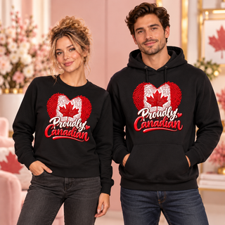 Proudly Canadian black crewneck sweatshirt and hoodie