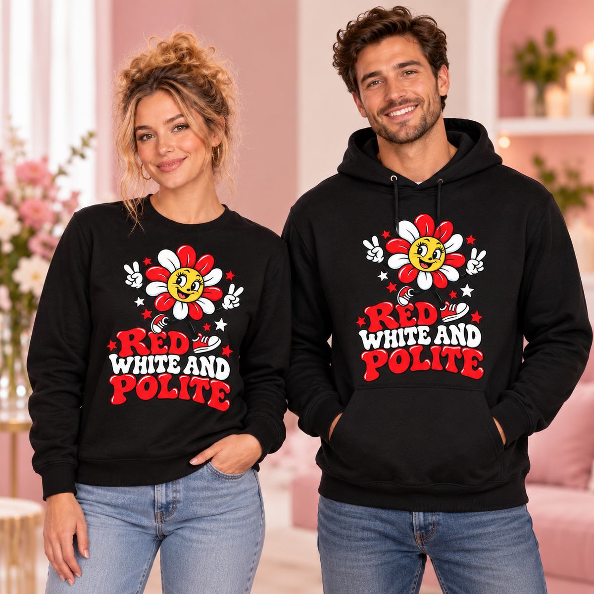 Red White and Polite black crewneck sweatshirt and hoodie