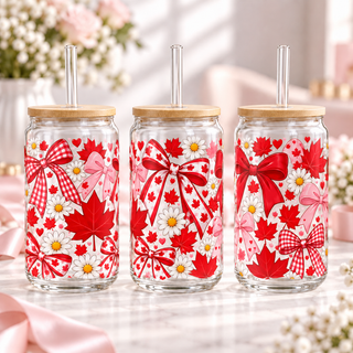 Bows & Daisies clear 16oz glass can