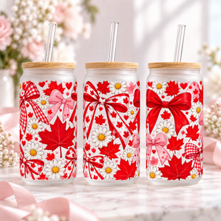 Bows & Daisies frosted 16oz glass can